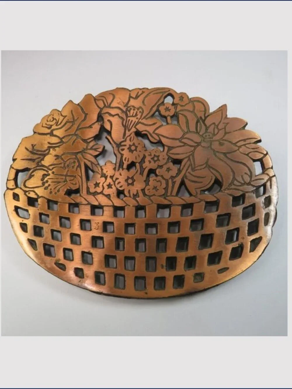 Vintage 1983 Old Dutch Design Copper Plated Cast Iron Flower Basket Trivet 8x6